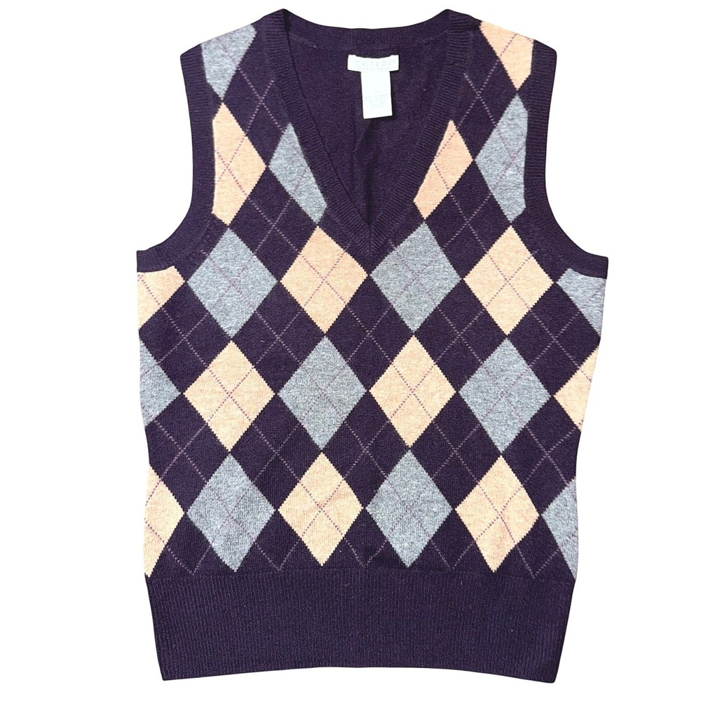 Tweeds Womens Purple Argyle 100% 2-Ply Cashmere V-Neck Sweater Vest Size S